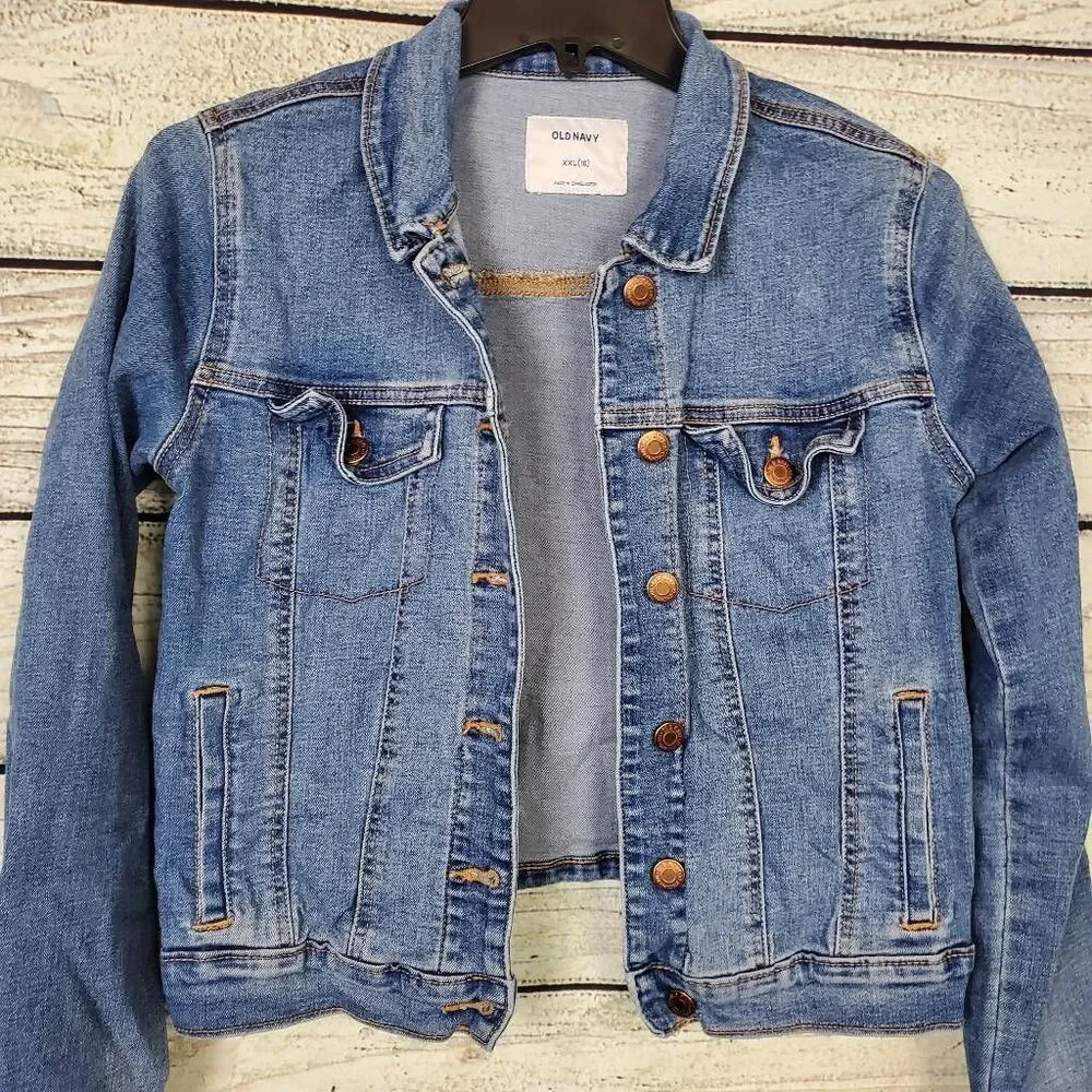 Old Navy Girls Jean Jacket Size XXL (16) Blue Denim Button Front Pockets Stretch